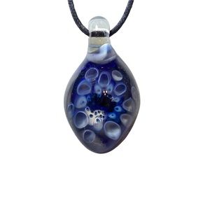 Glass Teardrop Pendant Blue White Clear Gold Cord Necklace 27 In Cosmic